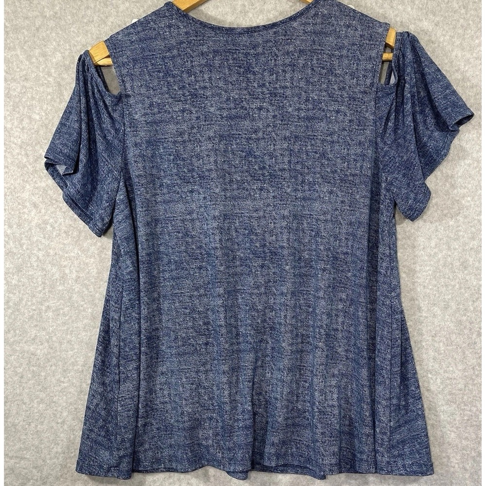 Ava James Women's Large Blouse Blue Lace Peep Shoulder Flutter Sleeve Flowy - Picture 2 of 8